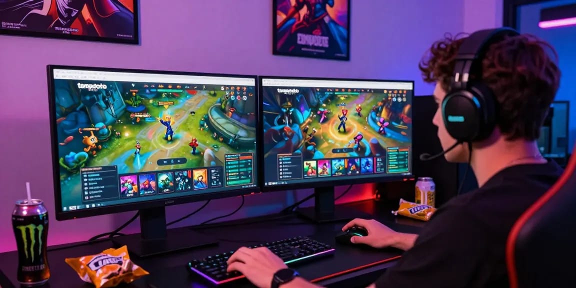 Immersive 'tempototo' gaming experience with user at dual monitors, energized atmosphere.