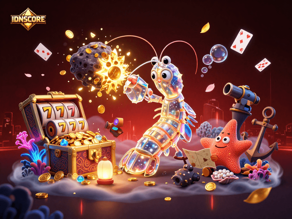 IDNSCORE showcases a thrilling galactic scene with a mantis shrimp winning gems and coins.