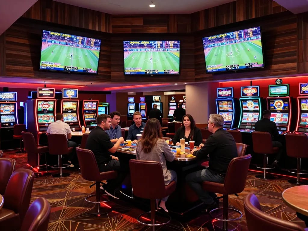 VA88 sports betting lounge with bettors analyzing odds and enjoying live games.