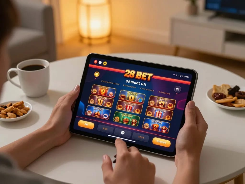 Engaging gameplay on the 28 BET mobile app with cozy home setting.