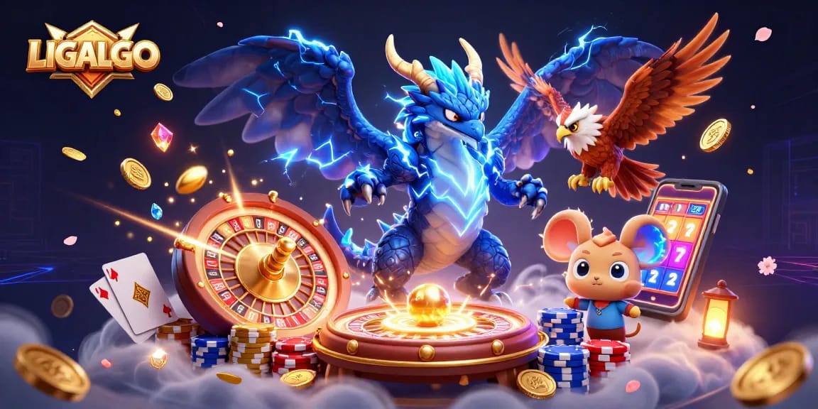 LIGALGO showcases a dynamic casino scene with a lightning dragon, vibrant coins, and festive gaming elements.
