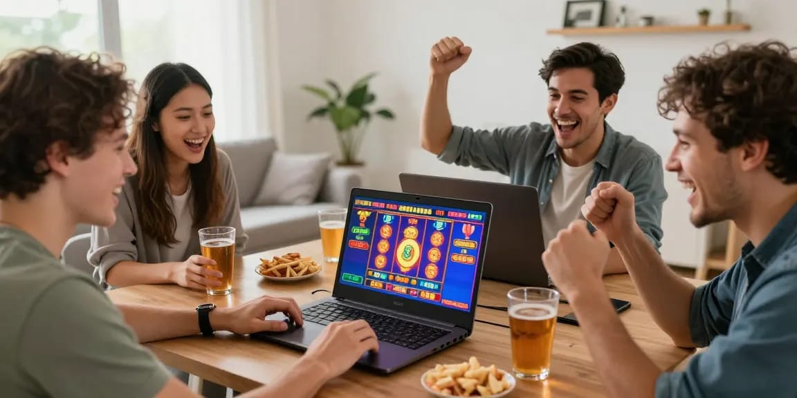 Group enjoying online slot gaming experience with vibrant visual displays.