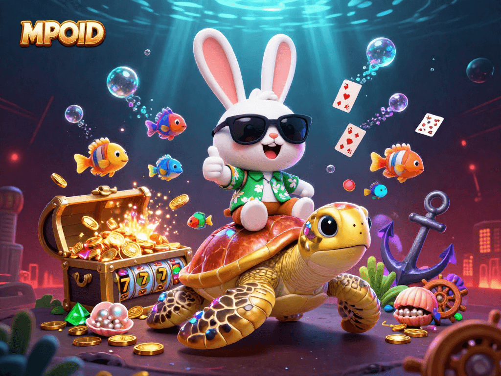MPOID showcases a lucky rabbit and golden turtle amid vibrant casino-themed elements in an immersive scene.