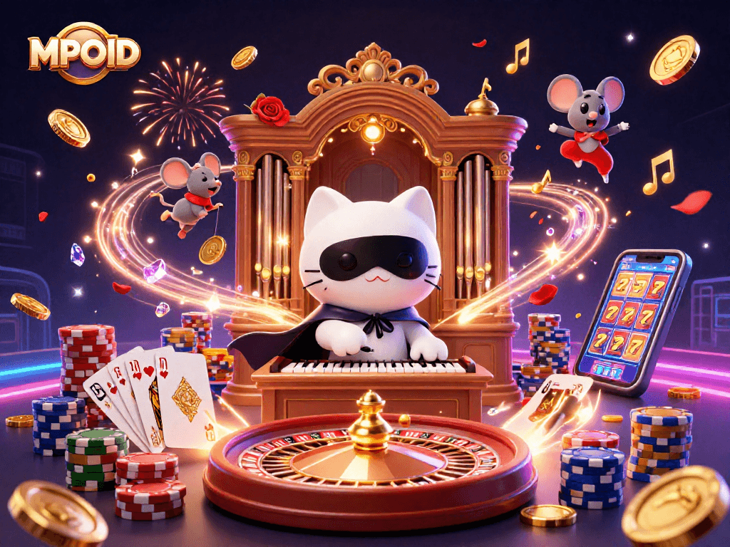 Feel the thrill of MPOID with vibrant casino action and dynamic characters amidst soaring coins and gems.