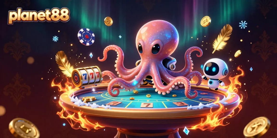 Experience thrilling gameplay at planet88 with a 3D alien octopus managing a floating poker table.