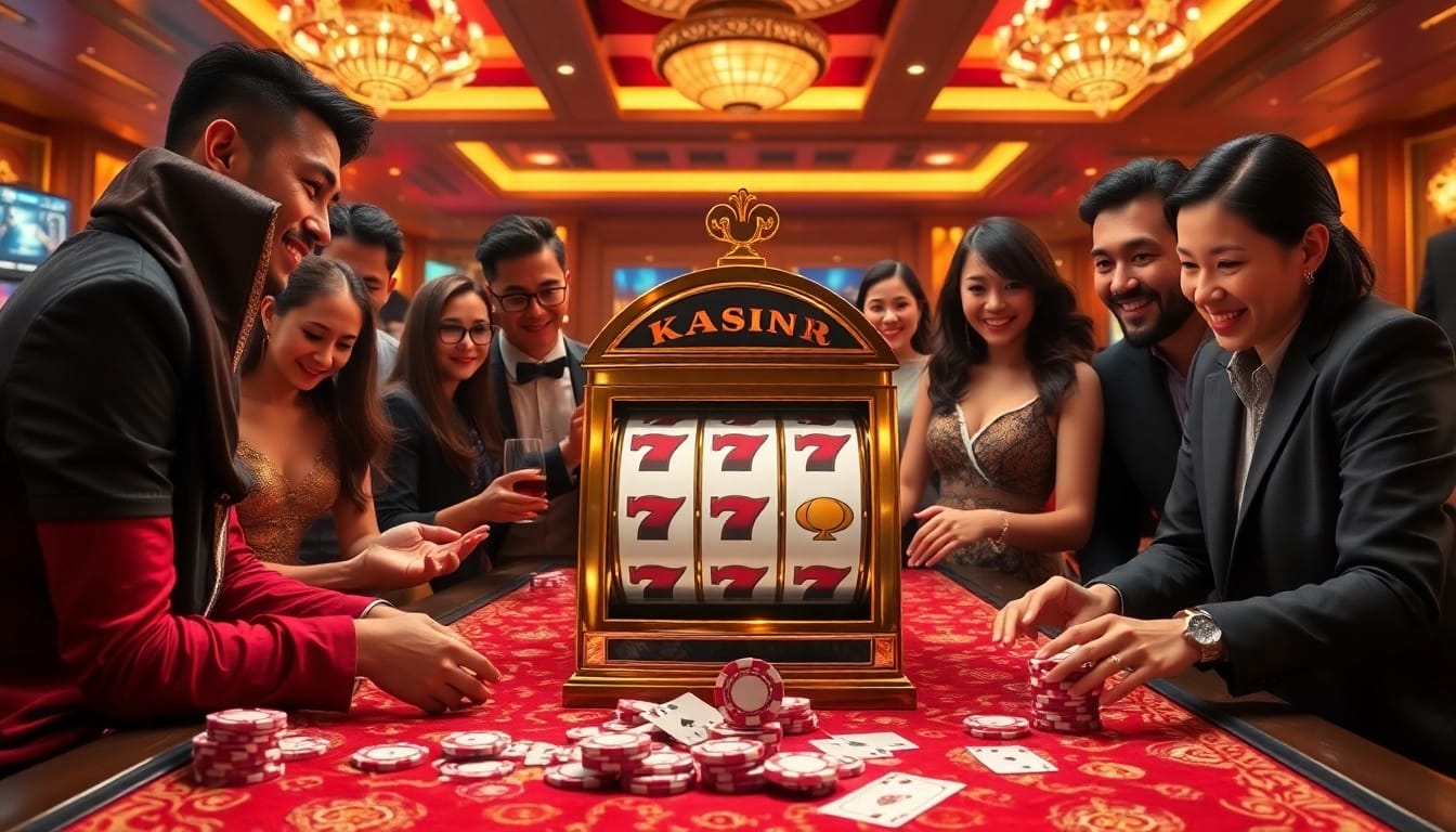 Players enjoying the thrilling experience of the kaisar888 slot machine in a luxurious casino