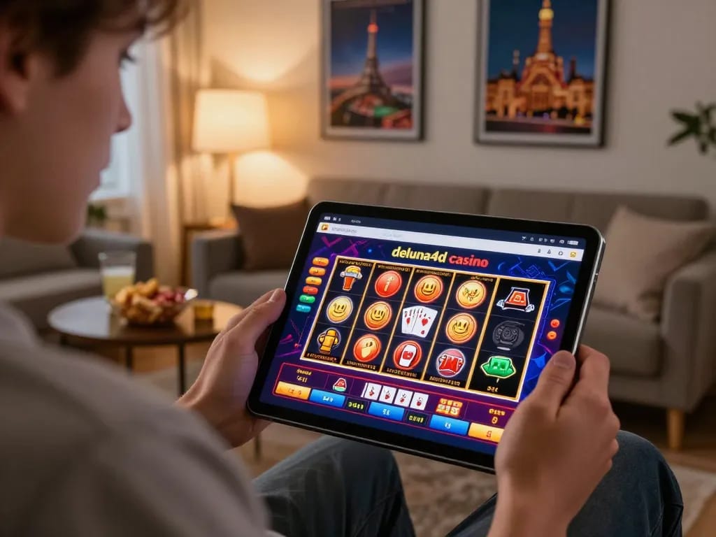 Terlibat dalam permainan online di rumah dengan link deluna4d ditampilkan di layar tablet, menunjukkan pengalaman judi yang menyenangkan