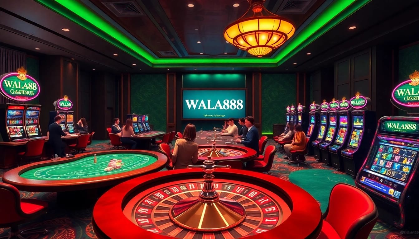 WALA88 players engaging in thrilling online casino games with vibrant tables and slot machines.