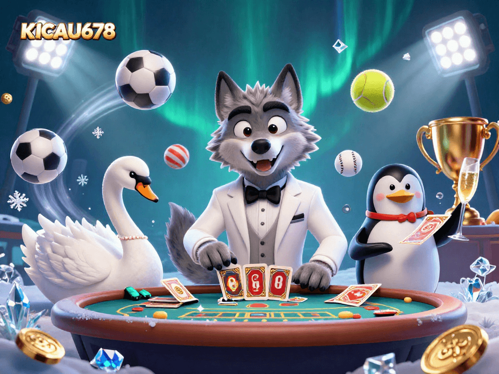 KICAU678 showcases a debonair wolf at a baccarat table, flanked by a swan dealer and a penguin sommelier in a vibrant casino scene.