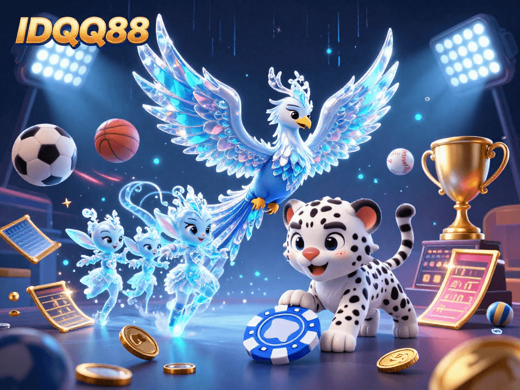 IDQQ88 showcases an exciting scene with a vibrant ice phoenix, sports balls, and dynamic gaming elements.
