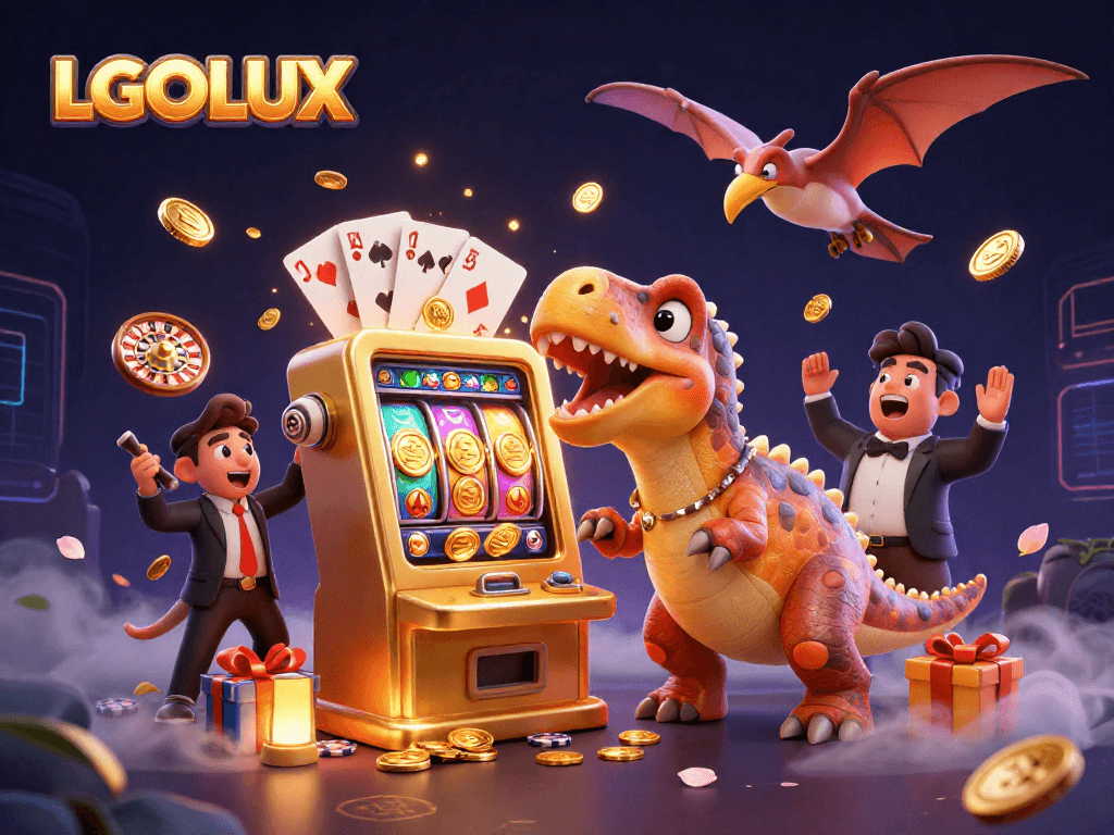 Engage with LGOLUX as a cartoon pachycephalosaurus wins jackpot coins at a slot machine.