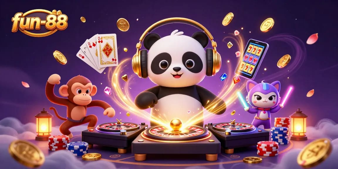 Engage with fun-88 in this lively illustration showcasing a DJ panda and glowing characters.