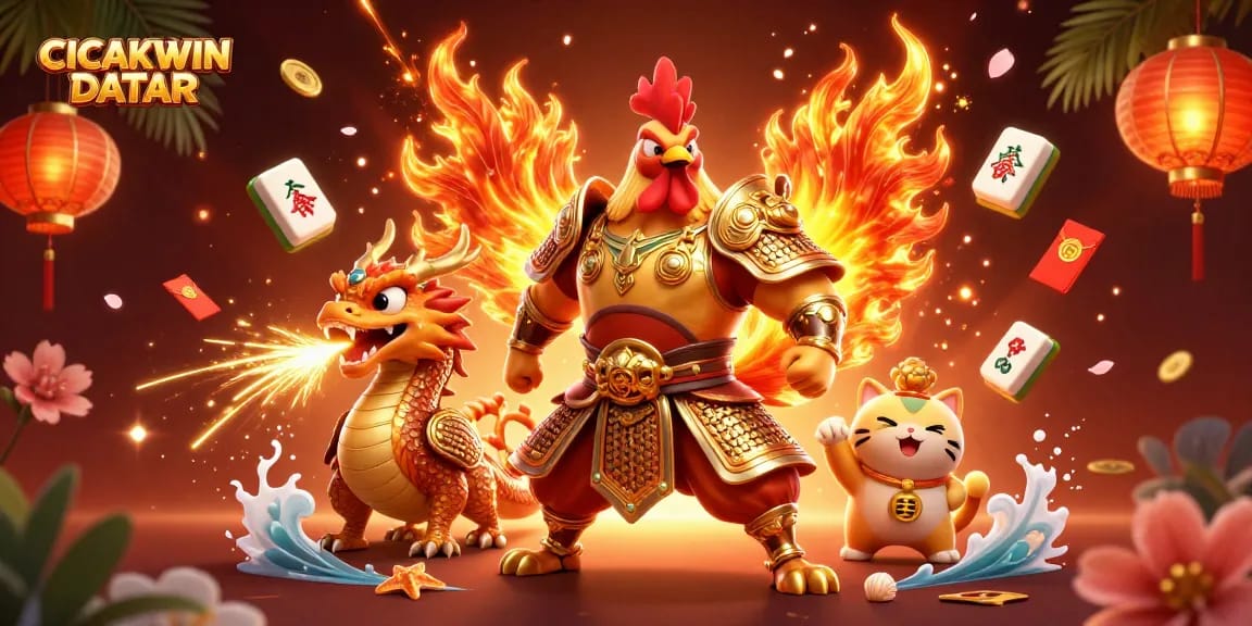 CICAKWIN DATAR showcases powerful heroic characters amidst vibrant casino-themed elements.