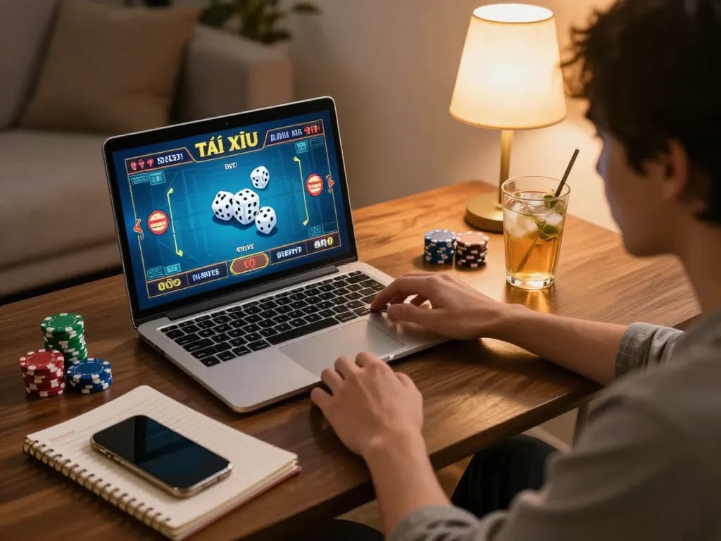 Tài Xỉu online gaming setup with player placing bets on laptop in a cozy home environment