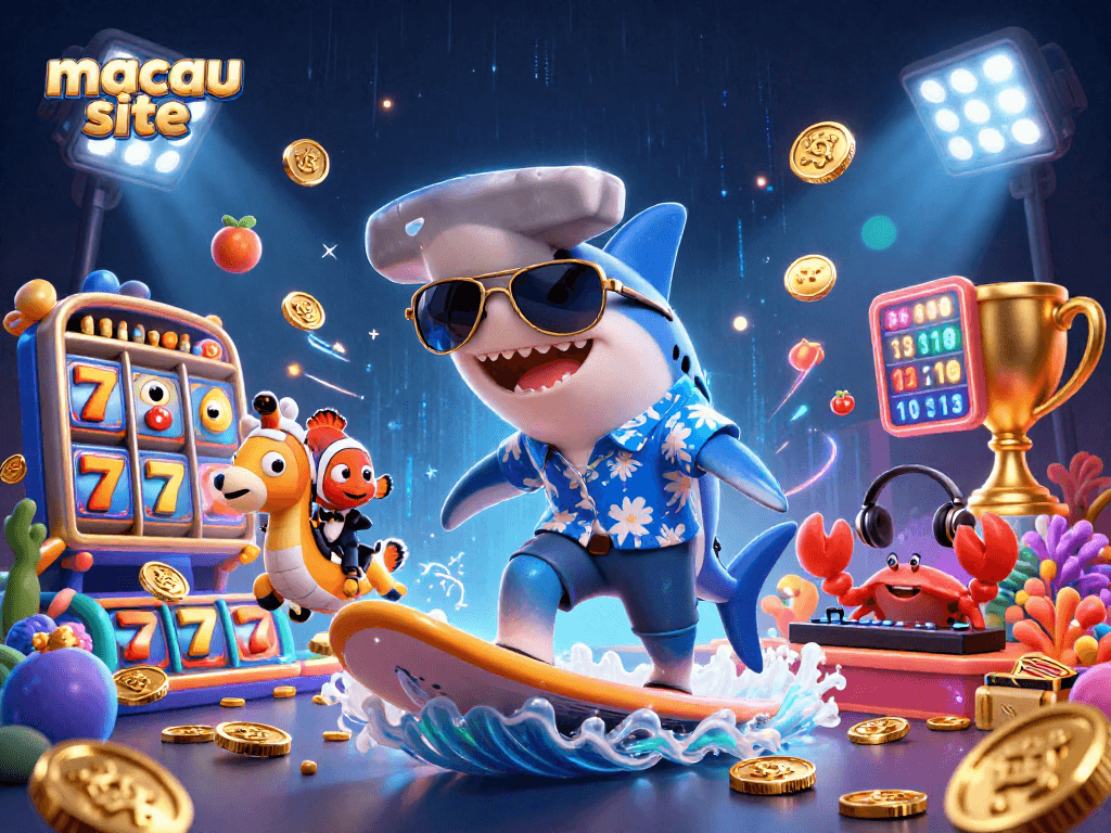 Experience the excitement of our macau site with a vibrant 3D casino-themed scene featuring animated characters.