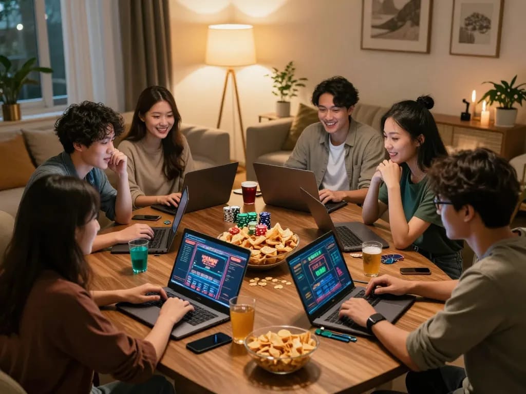Seperangkat teman menikmati malam permainan di Sepuhplay Link, laptop terbuka dengan permainan poker terlihat.