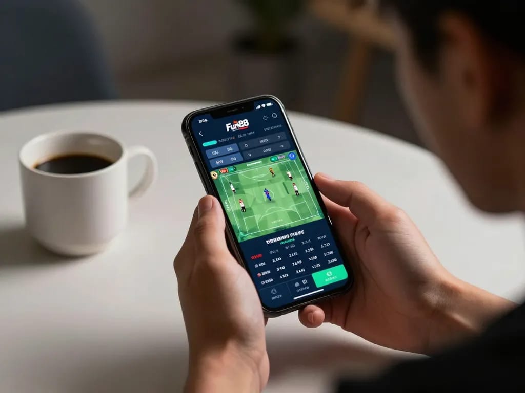 Engaged user placing bets on Fun88 mobile app, showcasing dynamic sports betting action