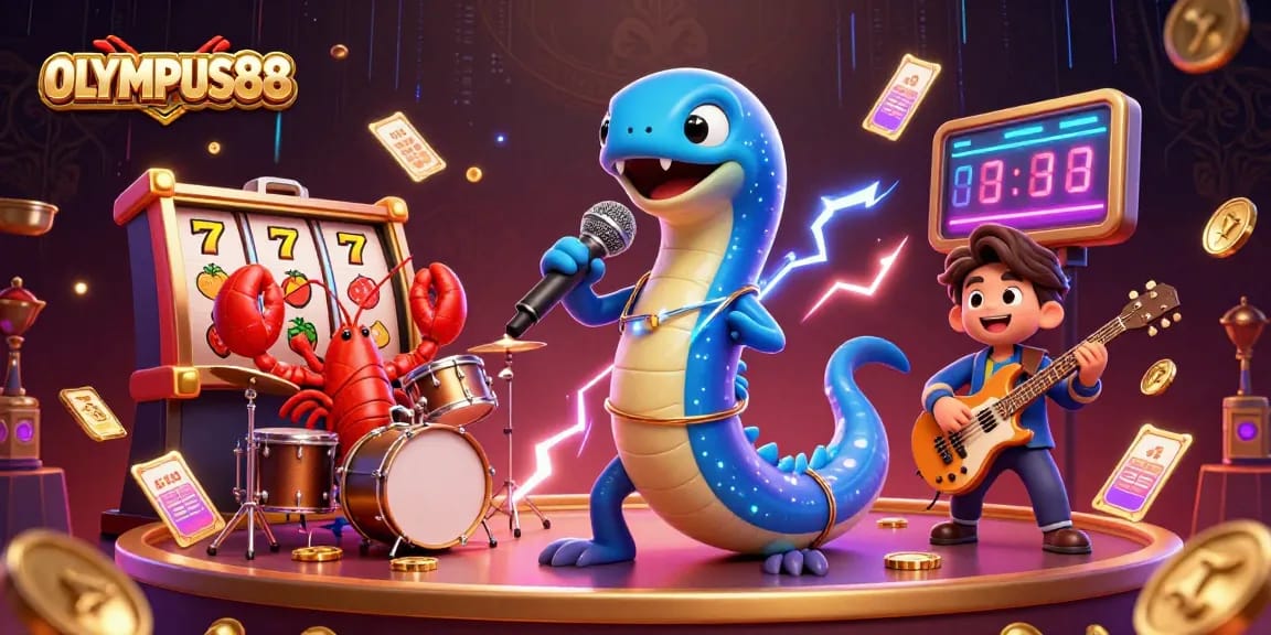 Join the thrill at OLYMPUS88 with electric eel DJing in a vibrant underwater casino scene.