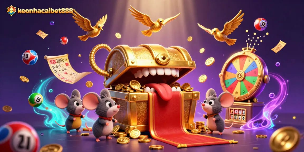 Engage with keonhacaibet888 in a vibrant lottery-themed digital illustration packed with exciting game elements.