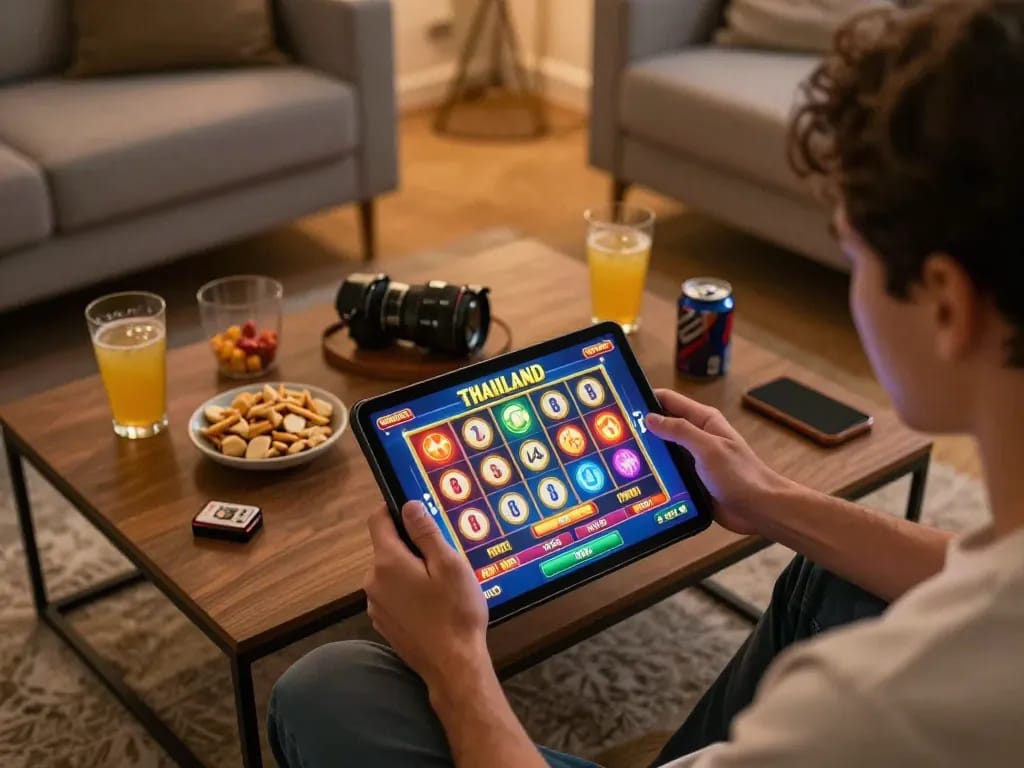 Playing slot thailand online with exciting graphics on tablet amidst a cozy living room setting.