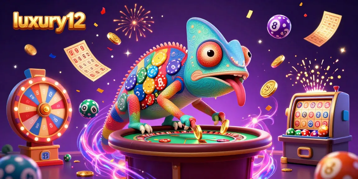 Win big with luxury12 in a vibrant casino scene featuring a colorful chameleon and lottery elements.