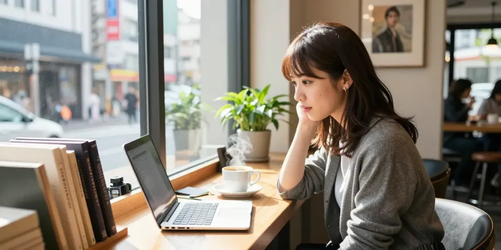bokep kaho hanamori sedang duduk di kafe bergaya dengan laptop dan buku tentang akting.