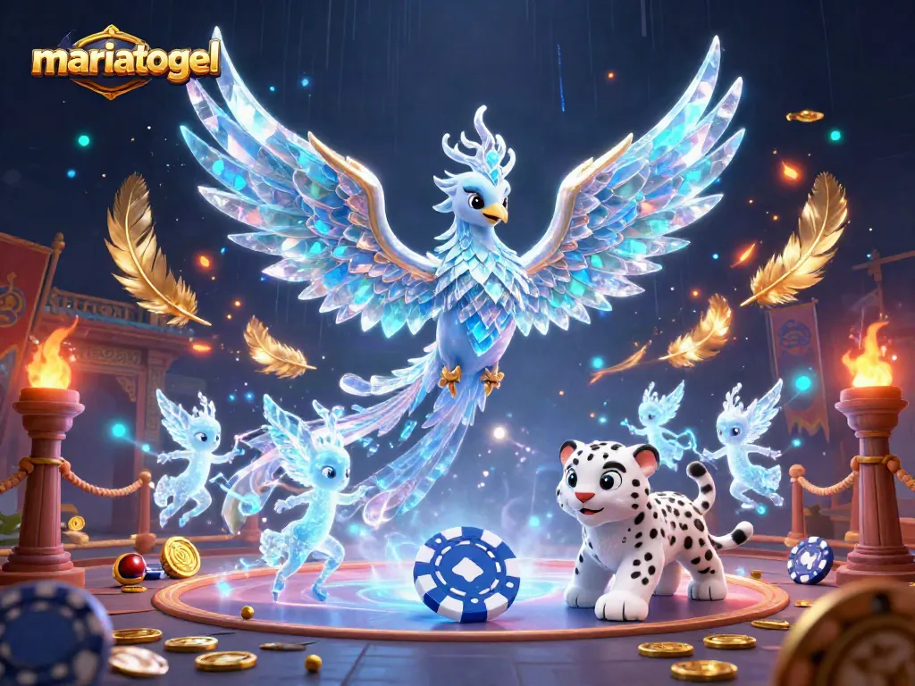Engage in exciting gameplay at mariatogel with a vibrant scene featuring a mystical ice phoenix, adorable snow leopard cub, and dancing ice sprites.