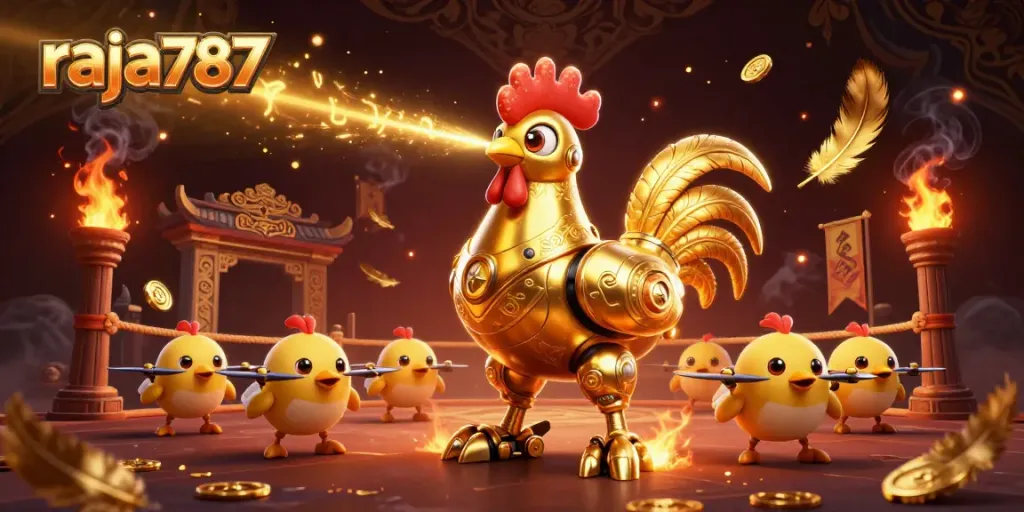 Raja787 menyajikan robot ayam emas futuristik dengan laser, menyemarakkan arena perjudian.