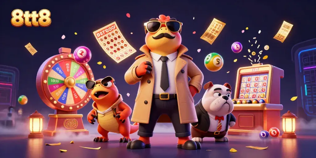 8tt8 characters gamble in a vibrant casino scene filled with lottery elements.