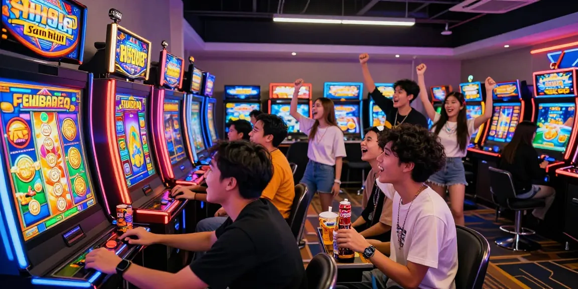 Excited players enjoying a vibrant slot gacor gaming experience in an arcade.