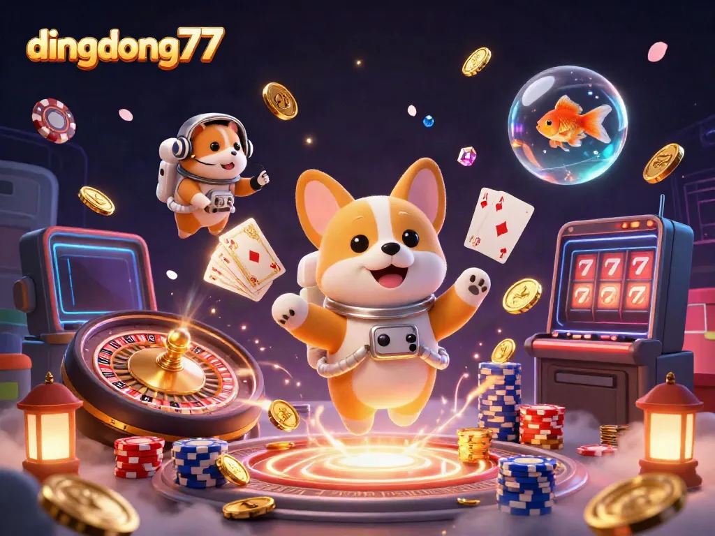 Experience thrills with dingdong77, a 3D casino scene showcasing exciting gameplay elements and characters.