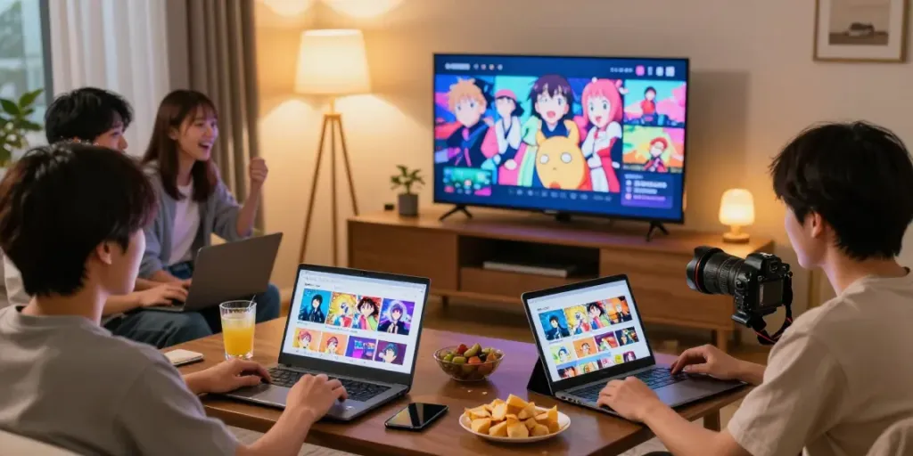 Kucing APK menampilkan streaming anime di rumah yang nyaman dengan teman-teman menikmati konten bersama.
