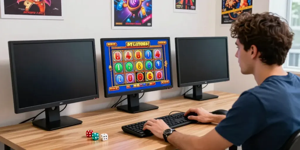 Pemain antusias menggunakan ratutogel di meja komputer dengan perlengkapan permainan dan layar slot yang cerah.
