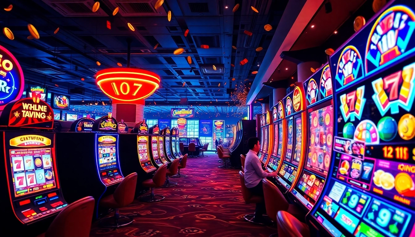 Engaging online slot gaming scene showcasing vibrant slot machines and energetic players.