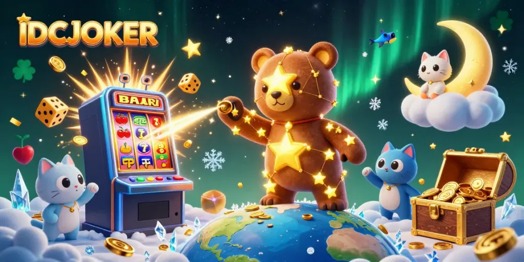 Experience IDCJOKER's vibrant casino world with a cosmic bear, jackpot slots, and treasure.