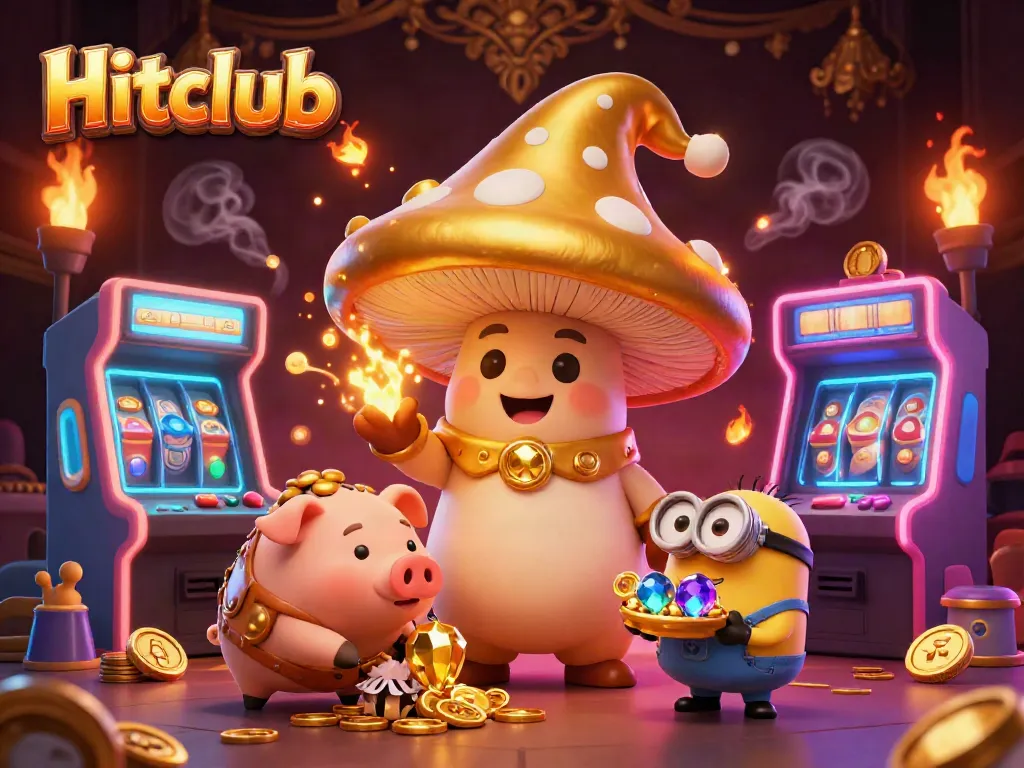 Engage in exciting games at Hitclub with a whimsical golden mushroom wizard conjuring treasures amidst vibrant 3D scenes.