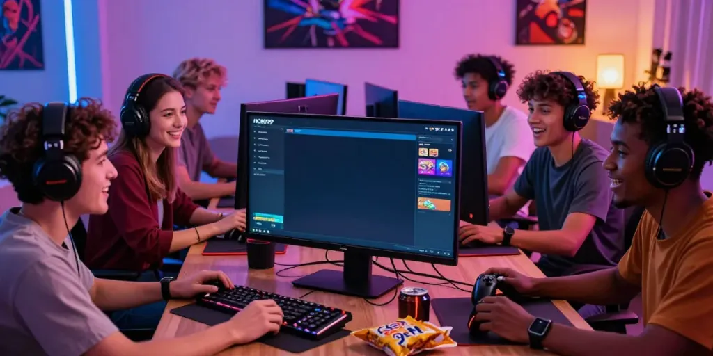 Teman-teman menikmati permainan HOKI99 bersama di ruang tamu yang nyaman dengan perangkat gaming modern.