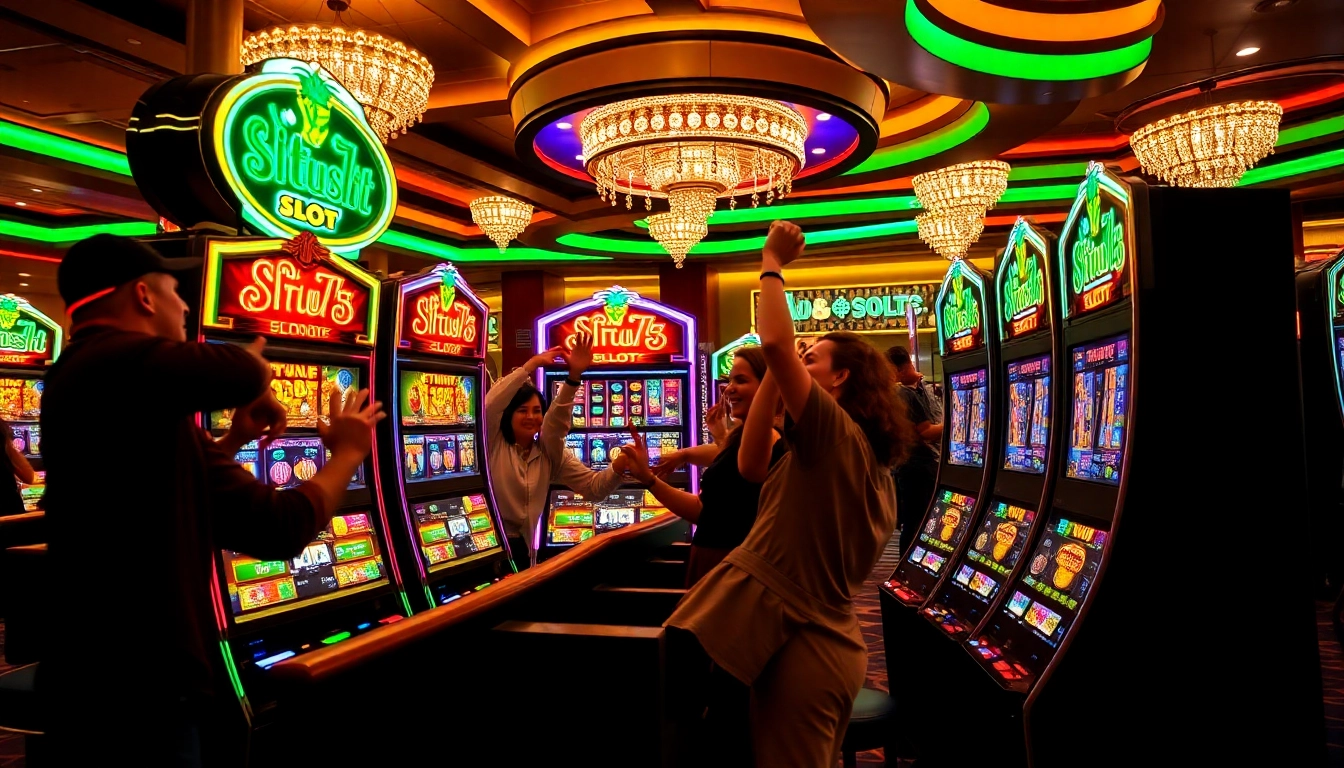 Players celebrating a win at the situs11 slot machines in a vibrant casino backdrop.