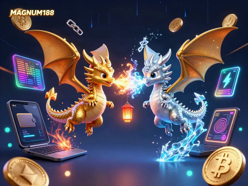 Experience dynamic gaming excitement with MAGNUM188 featuring dragons, vibrant energy, and cryptocurrency elements.