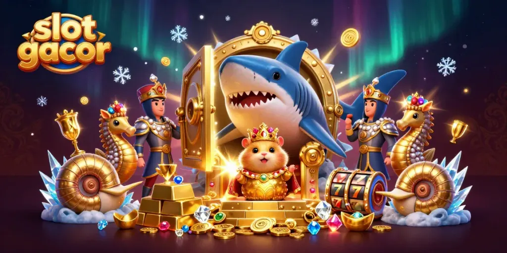 Visualisasi slot gacor dengan raja hamster emas dan penjaga berkuda, dikelilingi harta karun