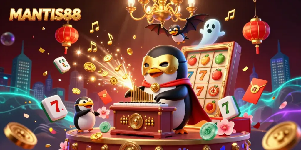 MANTIS88 transforms gaming with a captivating scene of wealth and excitement, showcasing a penguin playing treasures.