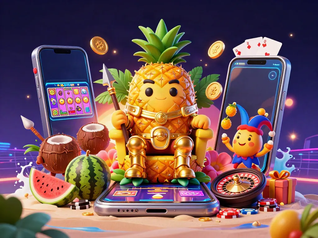 Experience the excitement of au88slots with a vibrant 3D casino scene featuring a golden pineapple king and dynamic game elements.