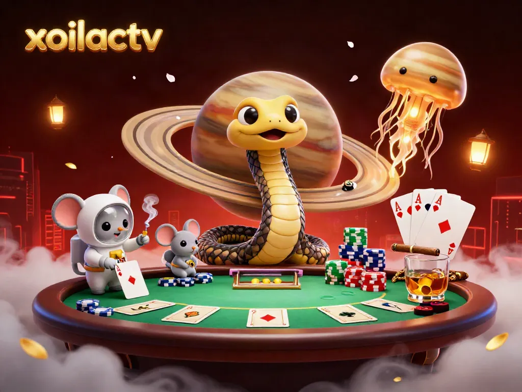 Xoilactv showcases an engaging 3D scene with unique casino elements and animated characters in a lively gambling atmosphere.