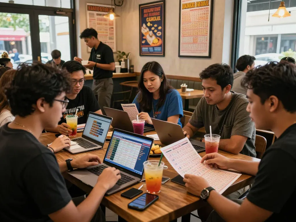 Friends engaging in Bandar Togel strategies at a lively cafe.