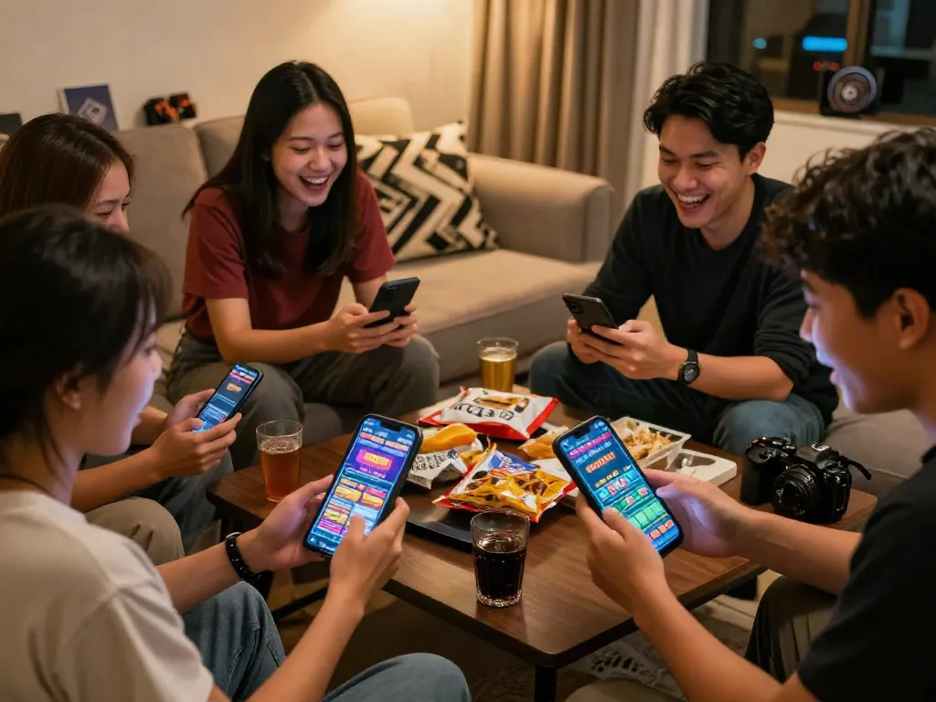 Group of friends enjoying Bandar Togel on mobile devices in a lively living room.