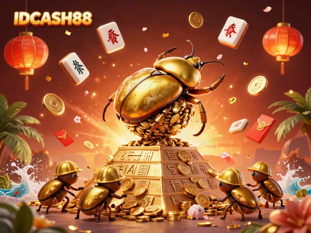 Experience thrilling gameplay with IDCASH88, showcasing golden winnings and vibrant casino elements in a festive digital illustration.