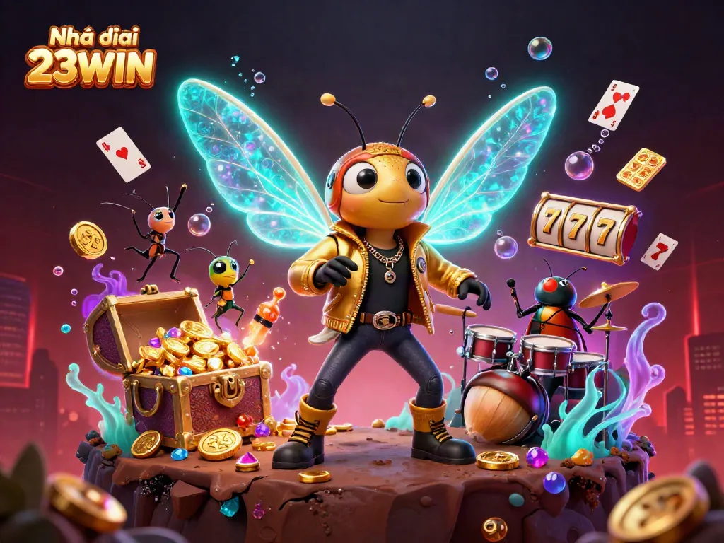 Engage with Nhà cái 23WIN's vibrant casino scene featuring a rock star and immersive game elements.