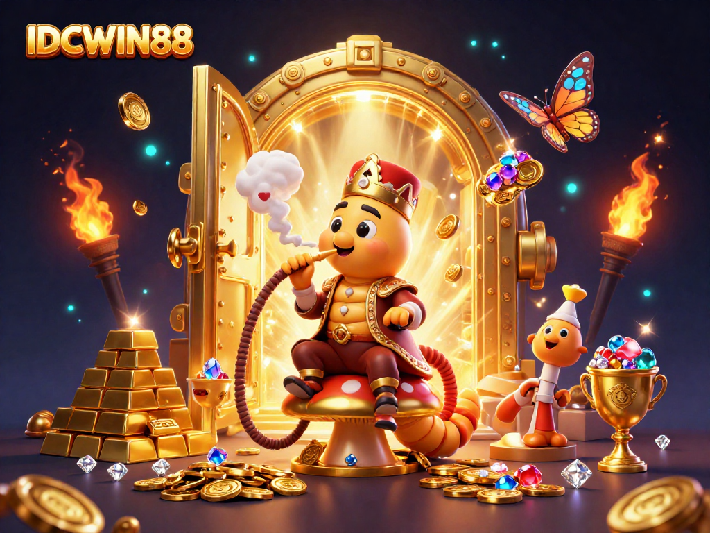 Experience excitement at IDCWIN88 with a vibrant 3D scene filled with riches and gambling symbols.