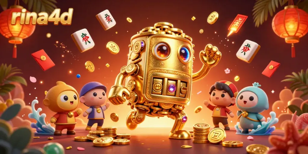 Engage with thrilling slots at rina4d, highlighted by a dynamic golden golem and festive symbols in an exciting casino scene.