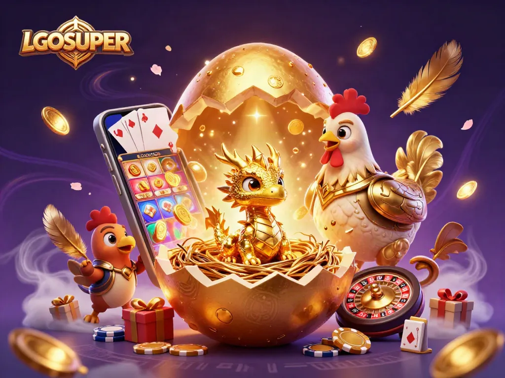 Engage with LGOSUPER through an energetic scene featuring a golden baby dragon and casino elements.